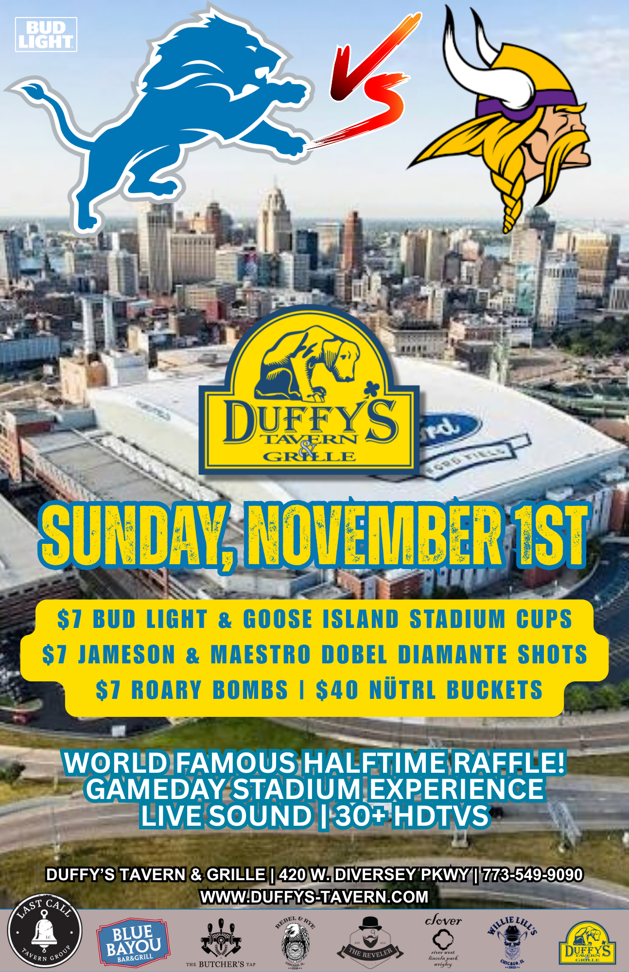 Detroit Lions vs. Minnesota Vikings at Duffy’s – Sunday, November 1st