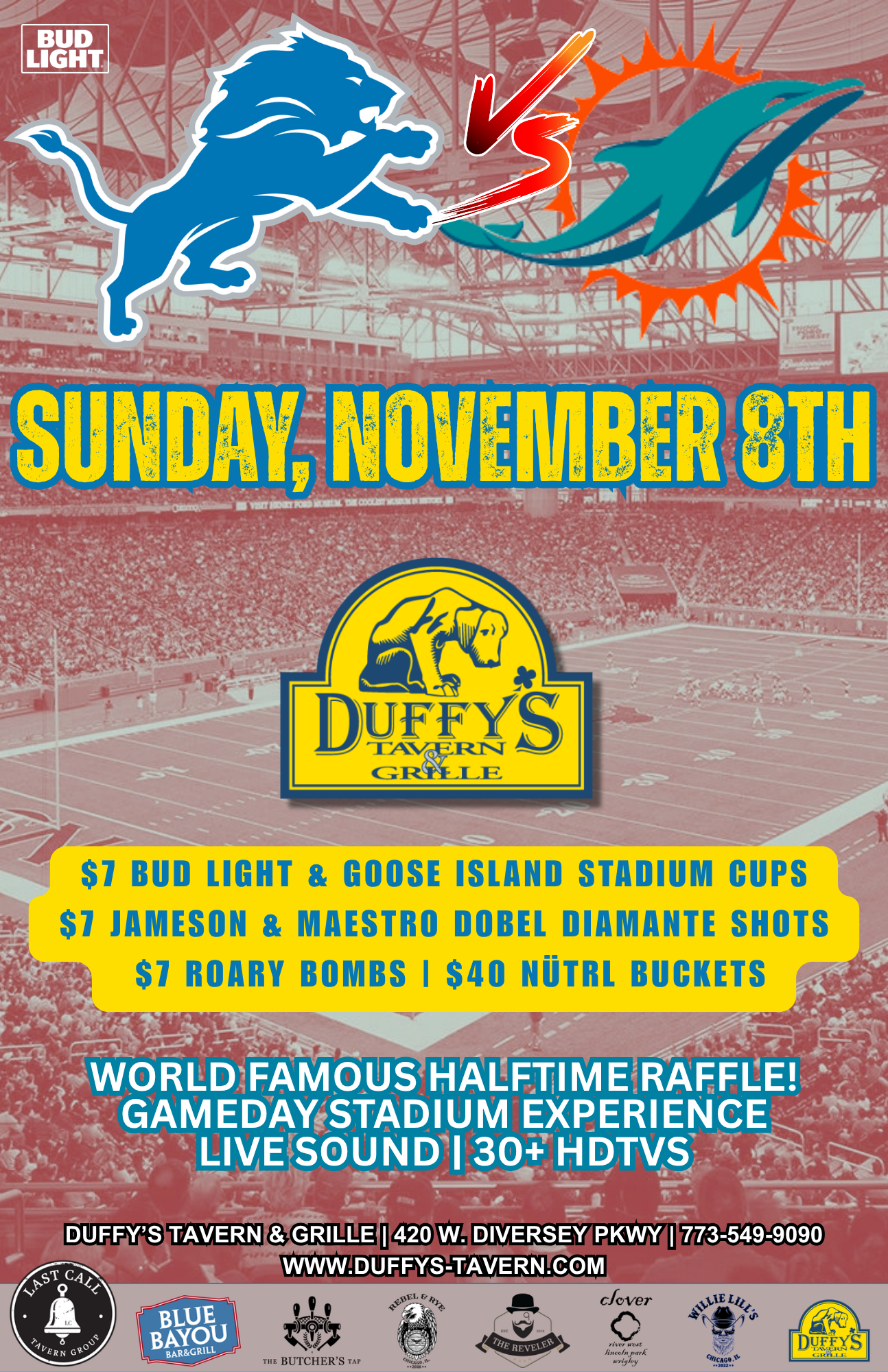 Detroit Lions vs. Miami Dolphins at Duffy’s – Sunday, November 8th